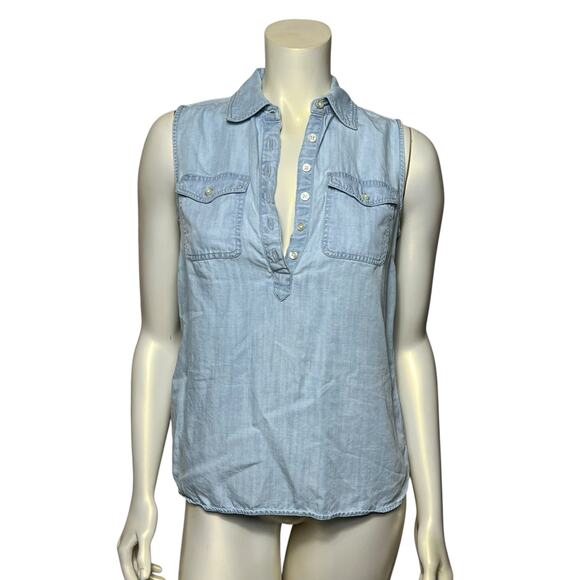 Talbots Chambray Sleeveless Button-Up Safari Utility Blouse Top Size 2 Blue - Picture 1 of 7